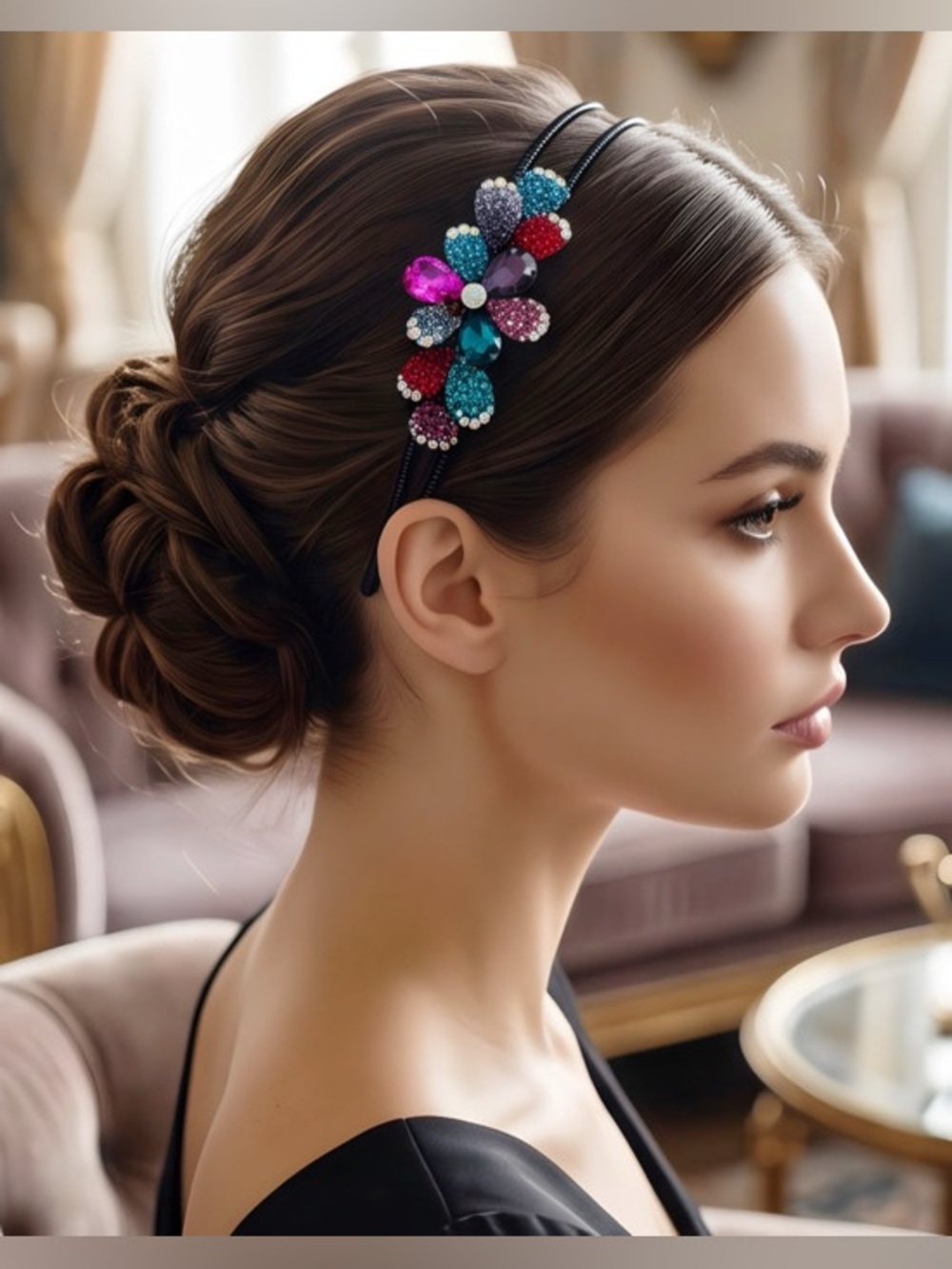 Crystal Floral Double-Band Headband in Pink, Teal, Red and Purple